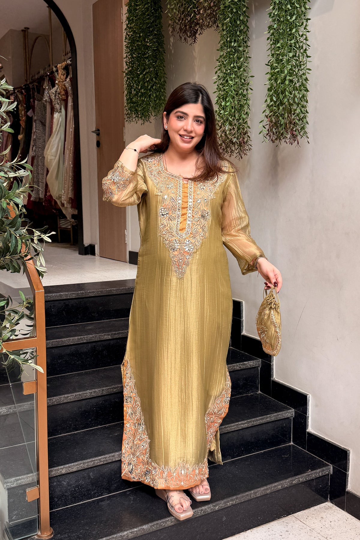 Tahini Mirror Embroidered Co ord Set with Potli