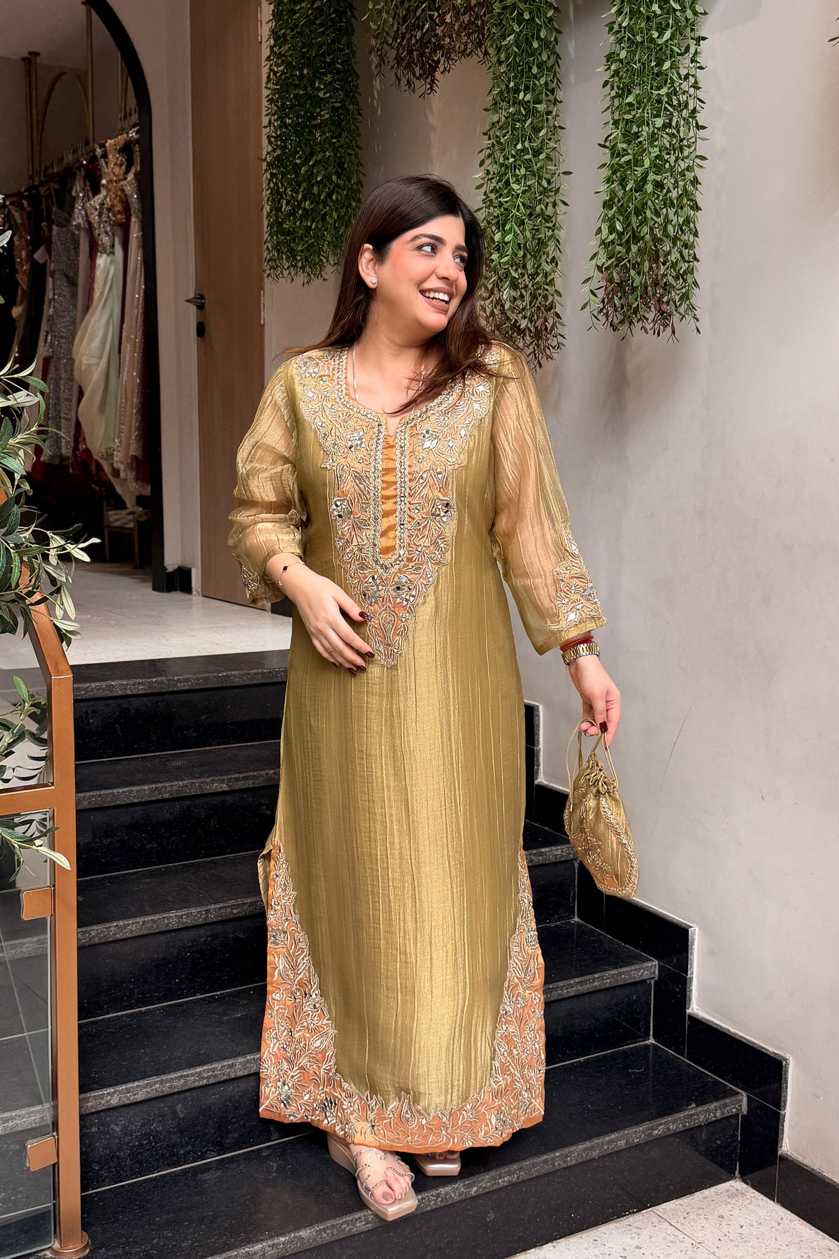 Tahini Mirror Embroidered Co ord Set with Potli