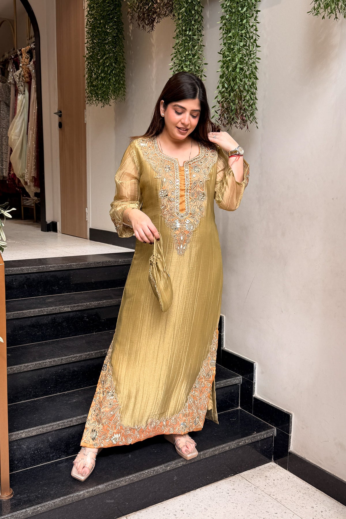 Tahini Mirror Embroidered Co ord Set with Potli