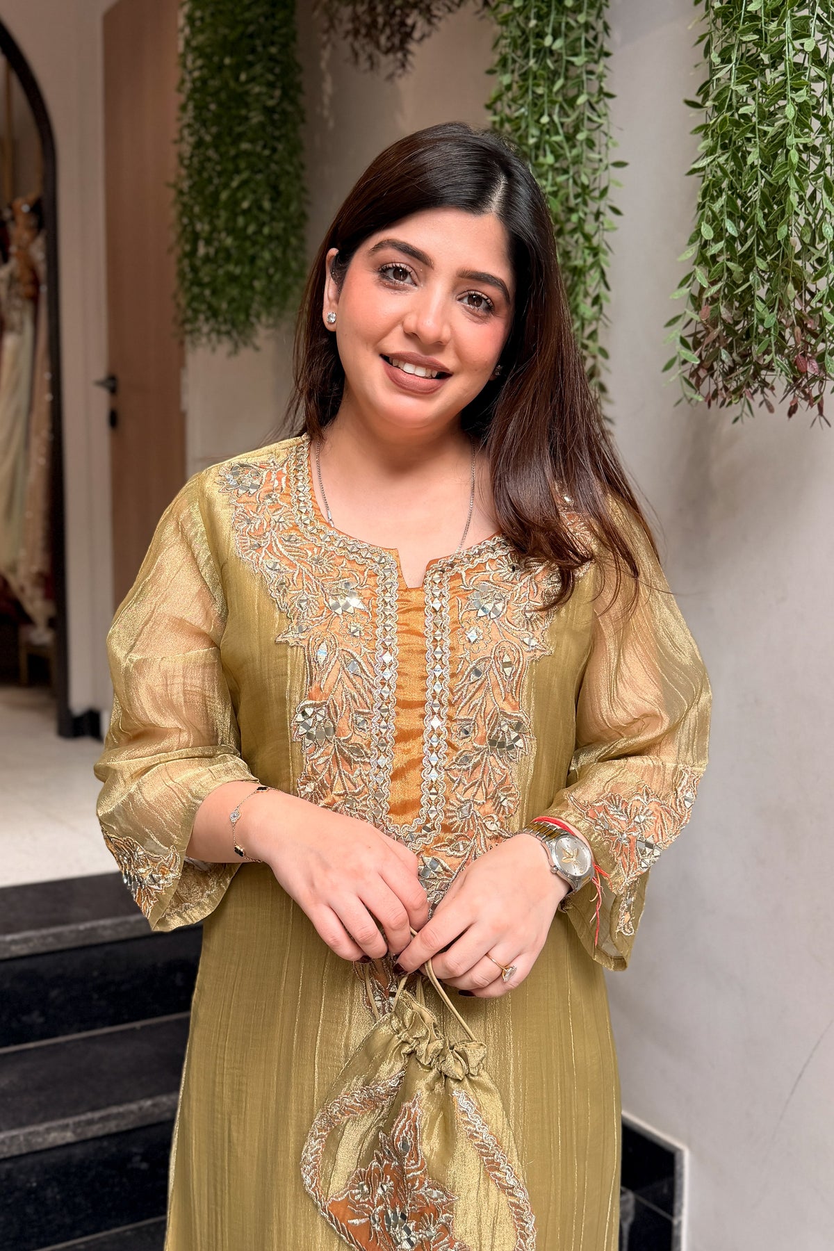 Tahini Mirror Embroidered Co ord Set with Potli