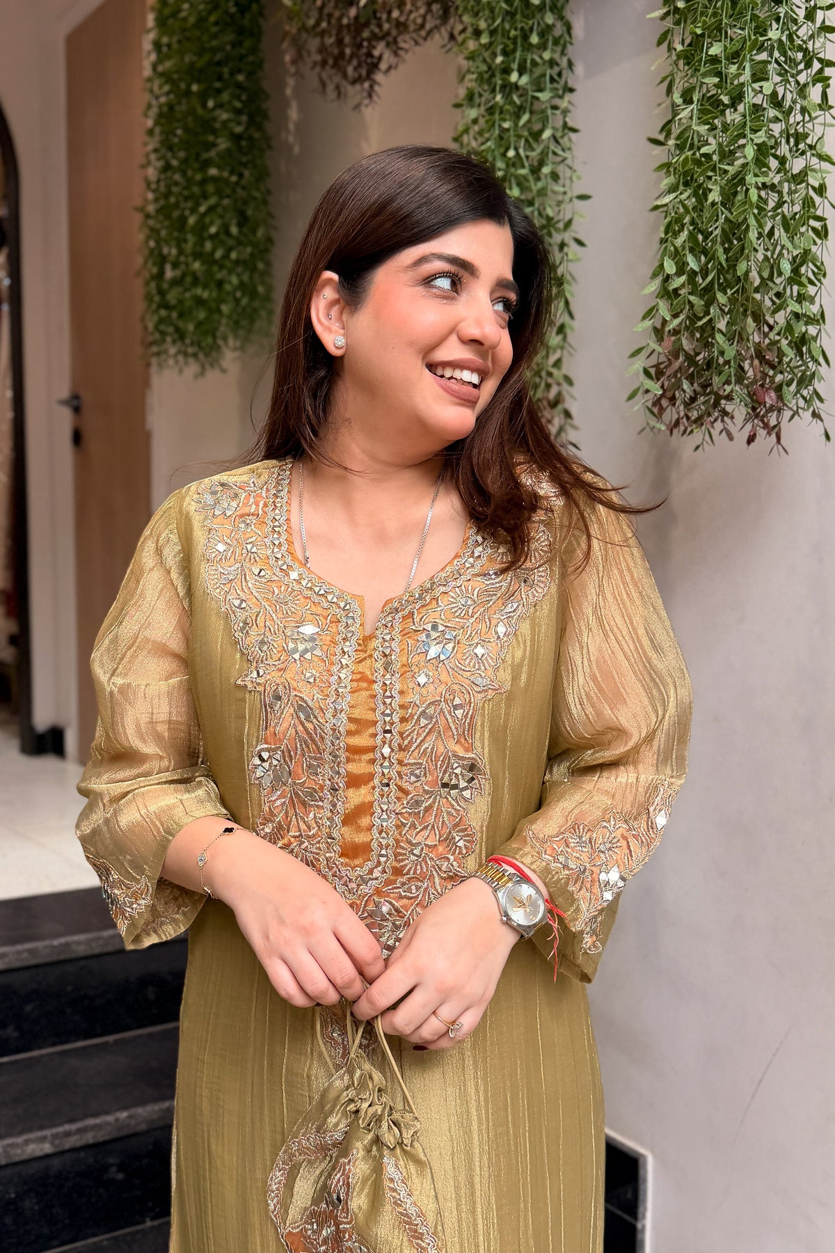 Tahini Mirror Embroidered Co ord Set with Potli