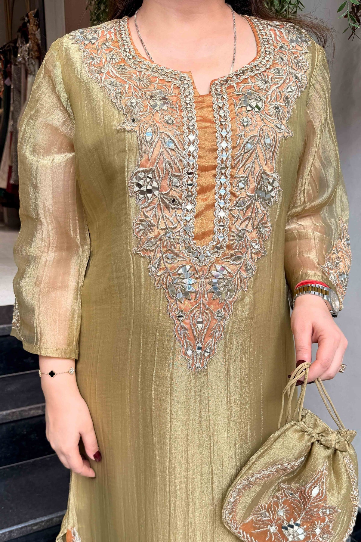 Tahini Mirror Embroidered Co ord Set with Potli