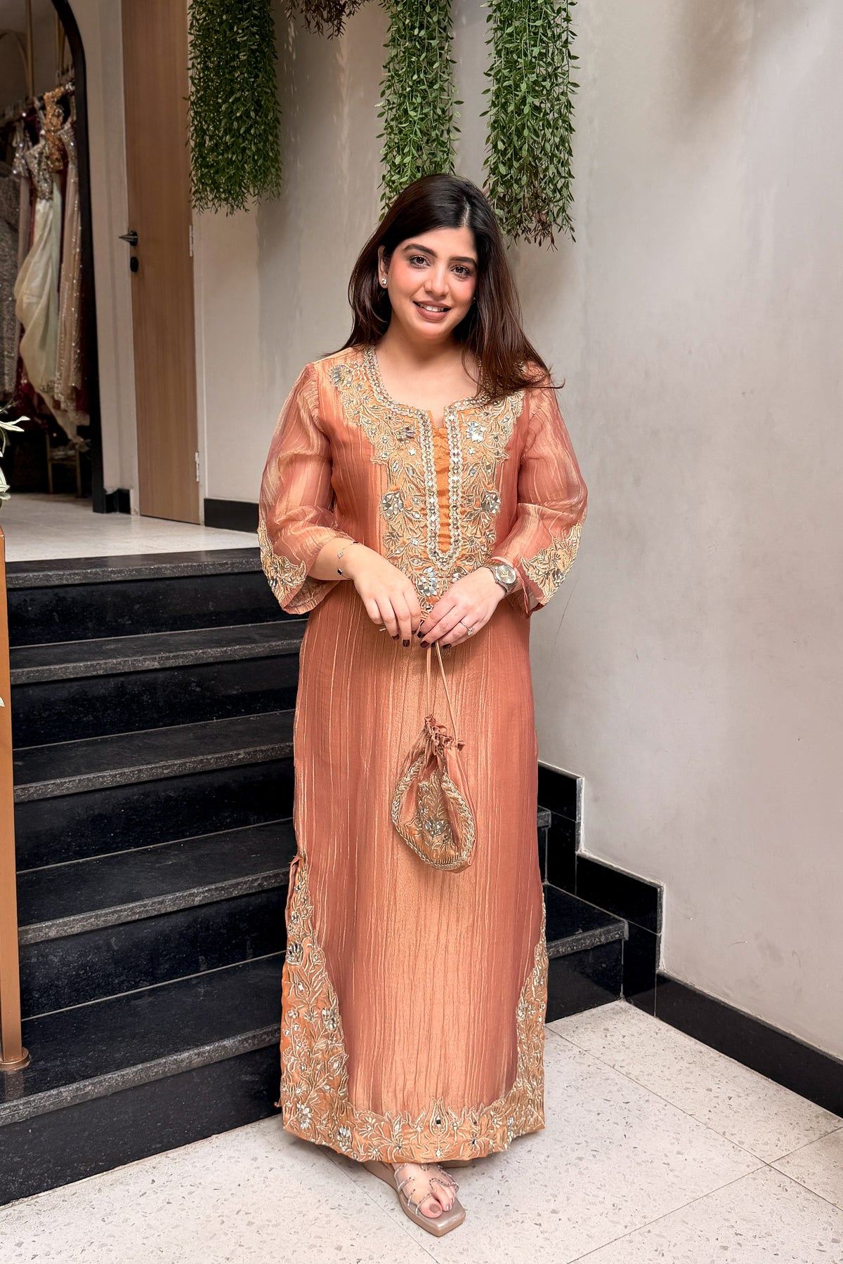Tahini Mirror Embroidered Co ord Set with Potli