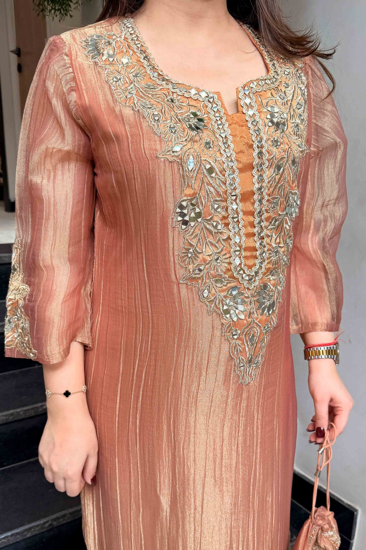 Tahini Mirror Embroidered Co ord Set with Potli