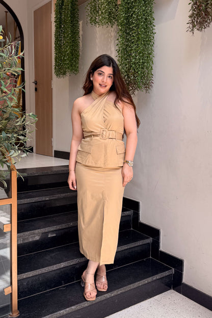 Roman Beige Halter Neck Dress