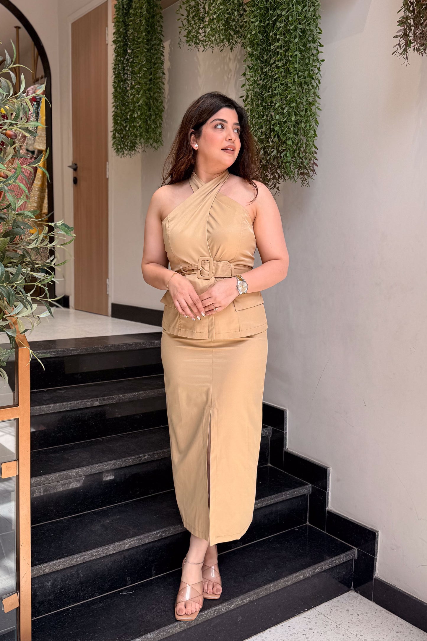 Roman Beige Halter Neck Dress