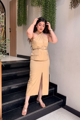 Roman Beige Halter Neck Dress