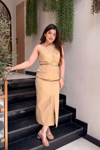 Roman Beige Halter Neck Dress