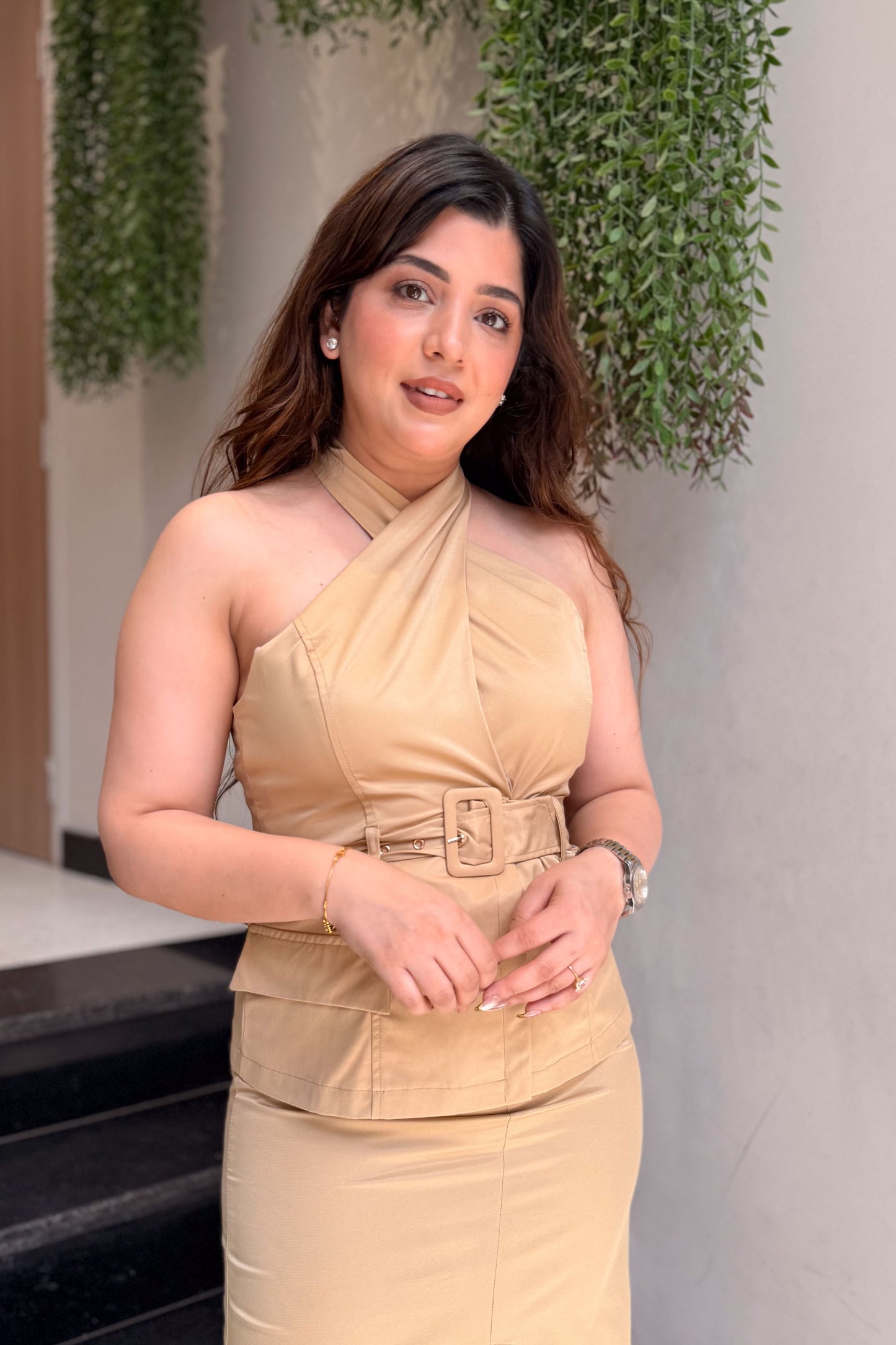 Roman Beige Halter Neck Dress