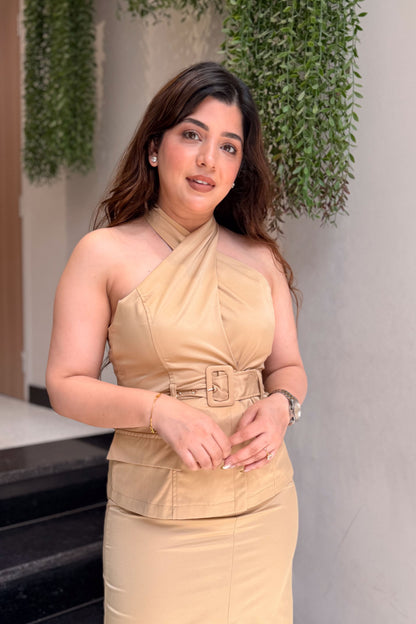 Roman Beige Halter Neck Dress