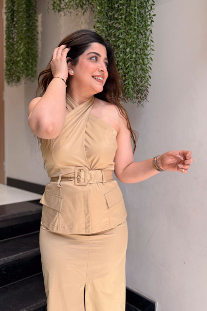 Roman Beige Halter Neck Dress