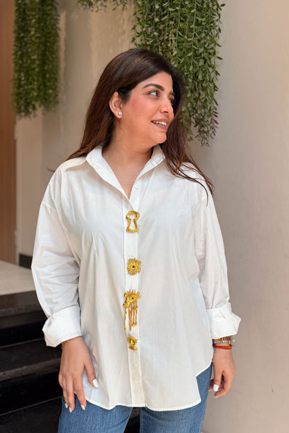 Jermaine White Shirt with Golden Brooch