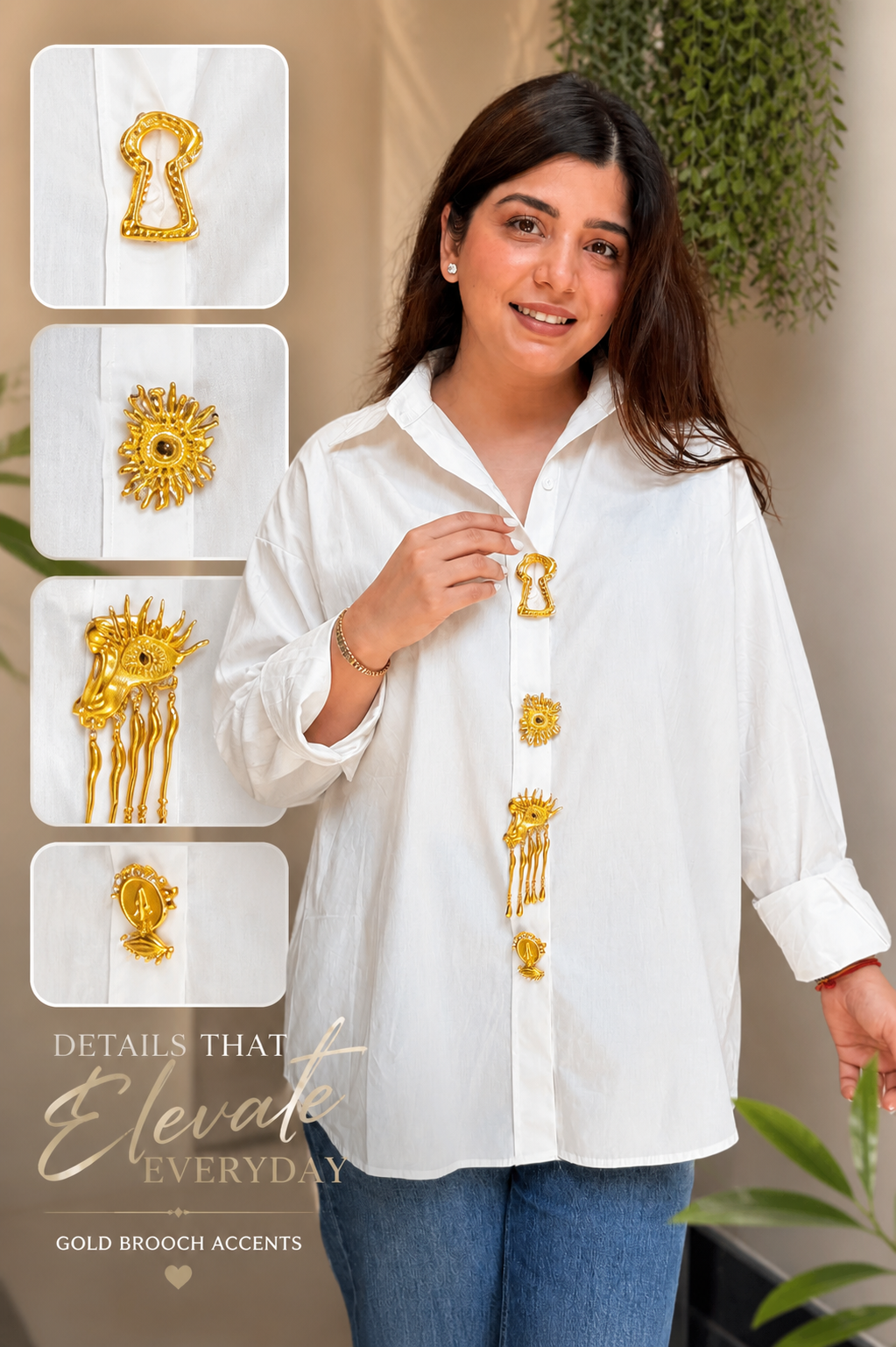 Jermaine White Shirt with Golden Brooch