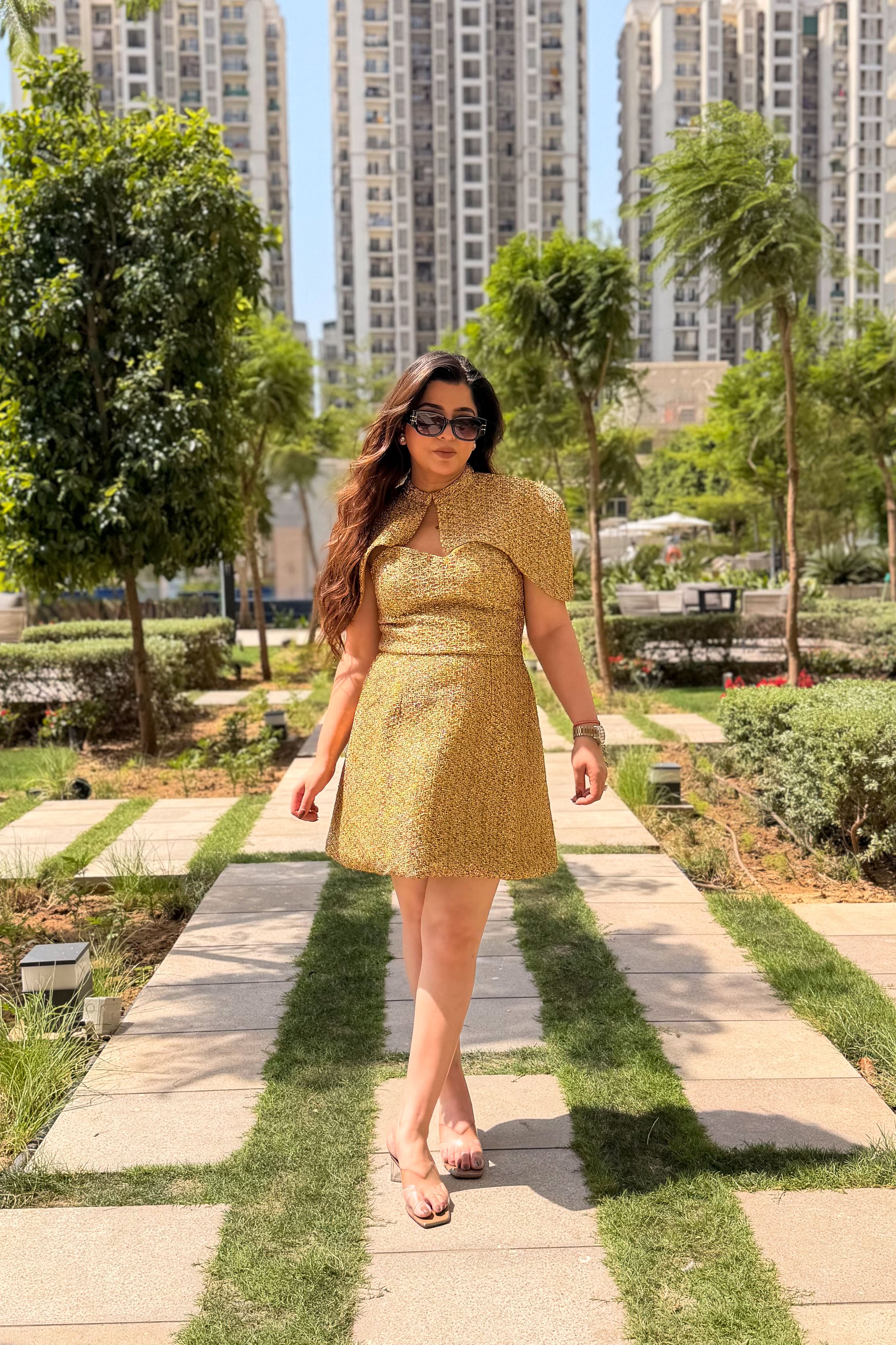 Wellsy Golden Short Dress with Detachable Cape
