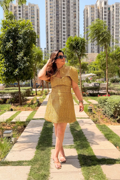 Wellsy Golden Short Dress with Detachable Cape