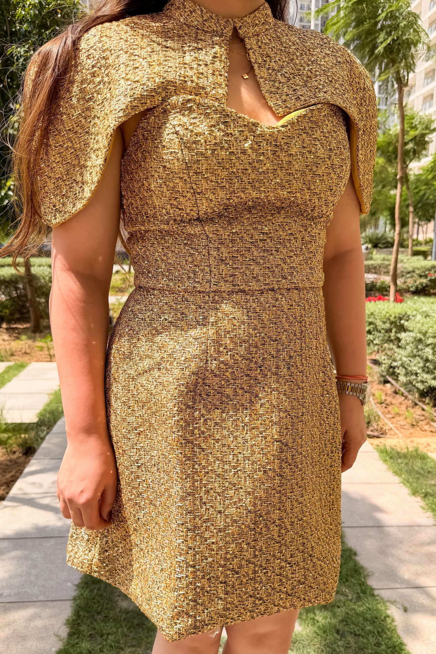 Wellsy Golden Short Dress with Detachable Cape
