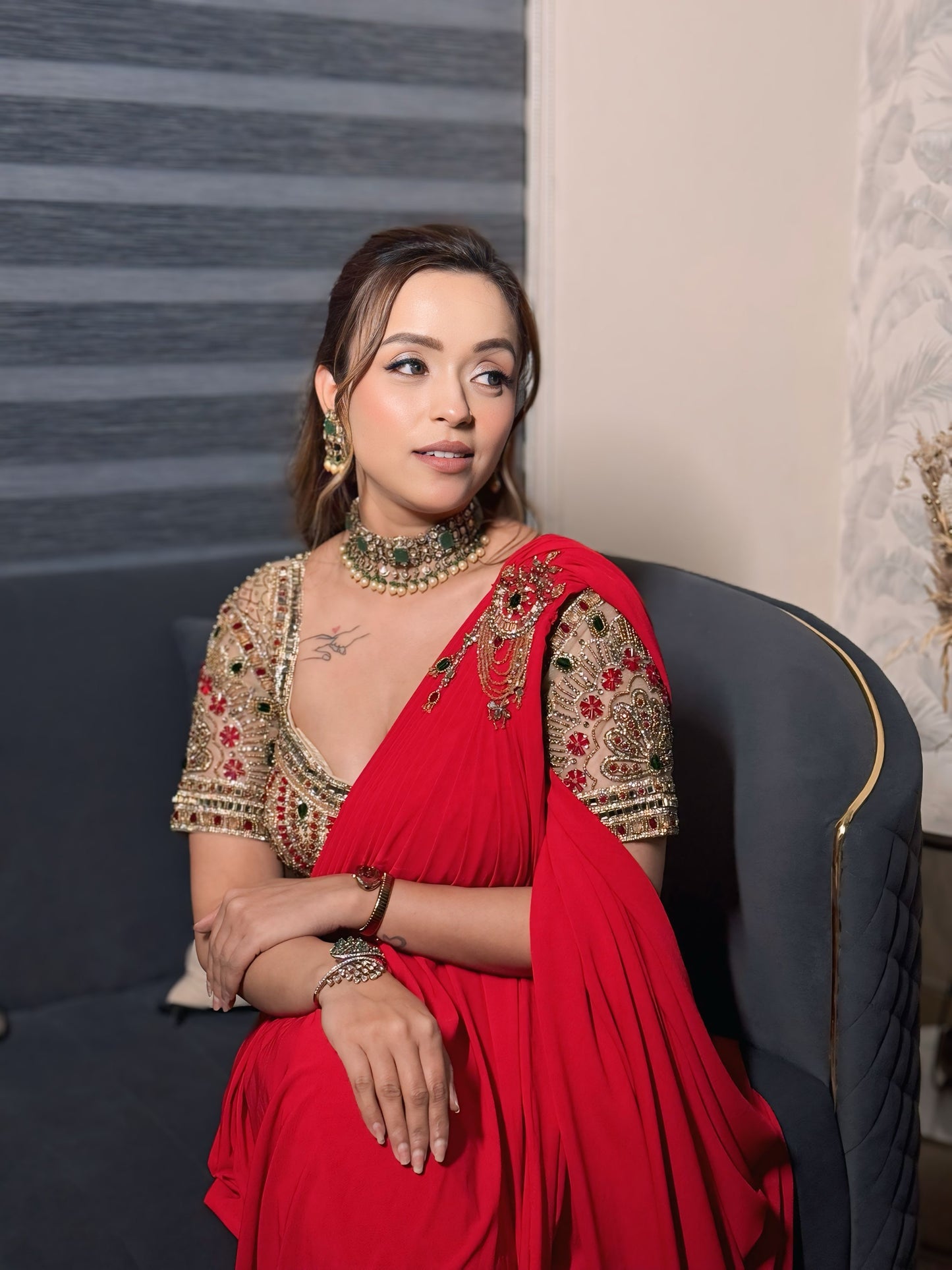 Raha Red Embroidered Drape Saree