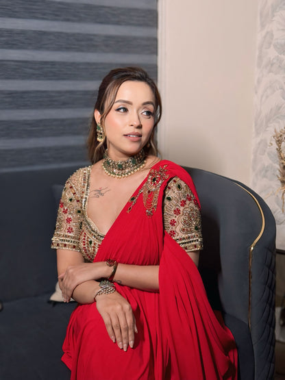 Raha Red Embroidered Drape Saree