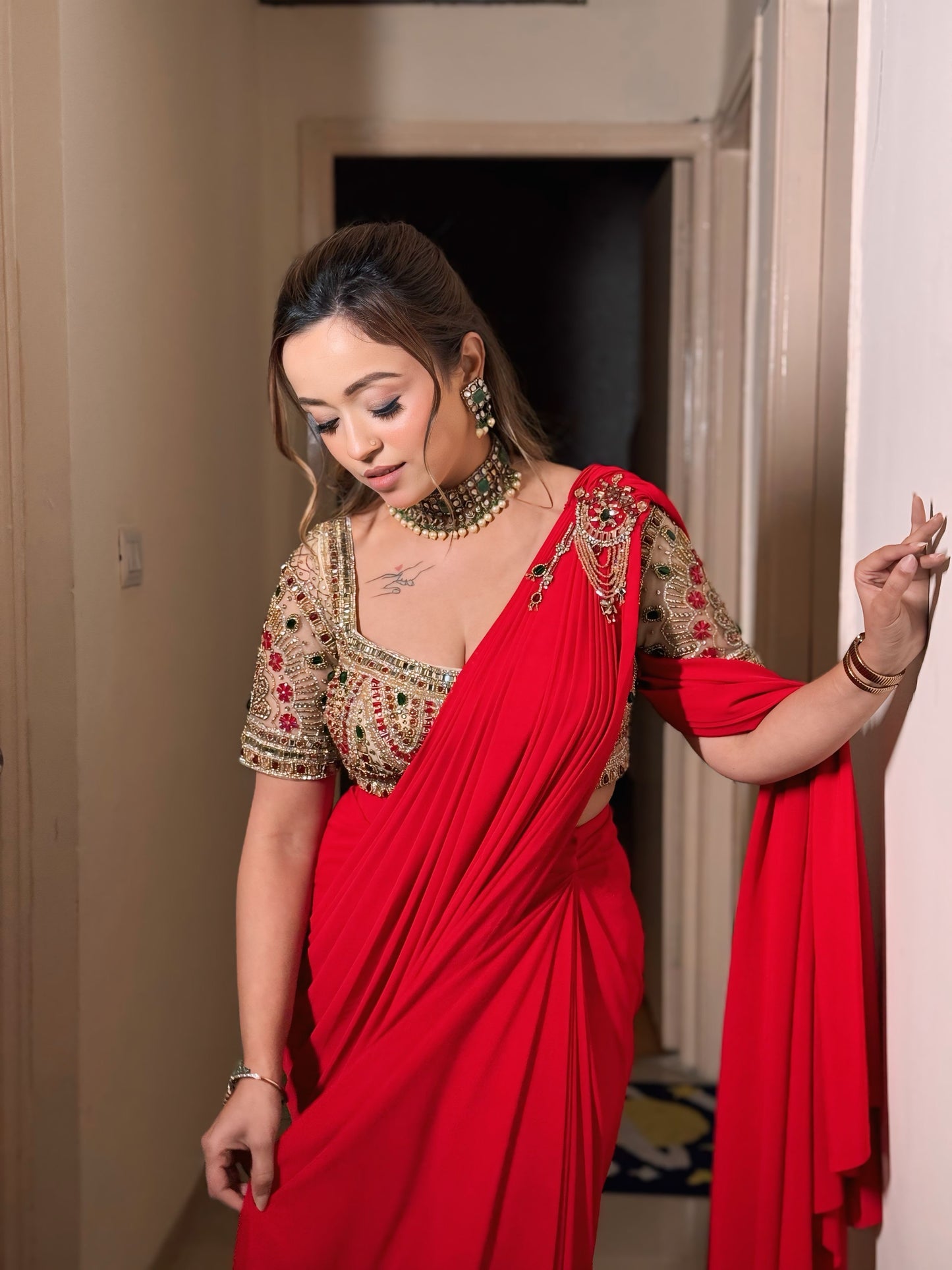 Raha Red Embroidered Drape Saree