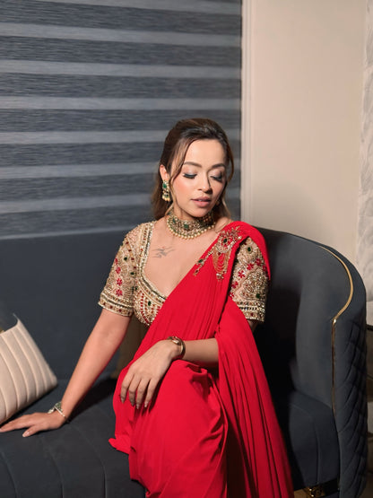 Raha Red Embroidered Drape Saree