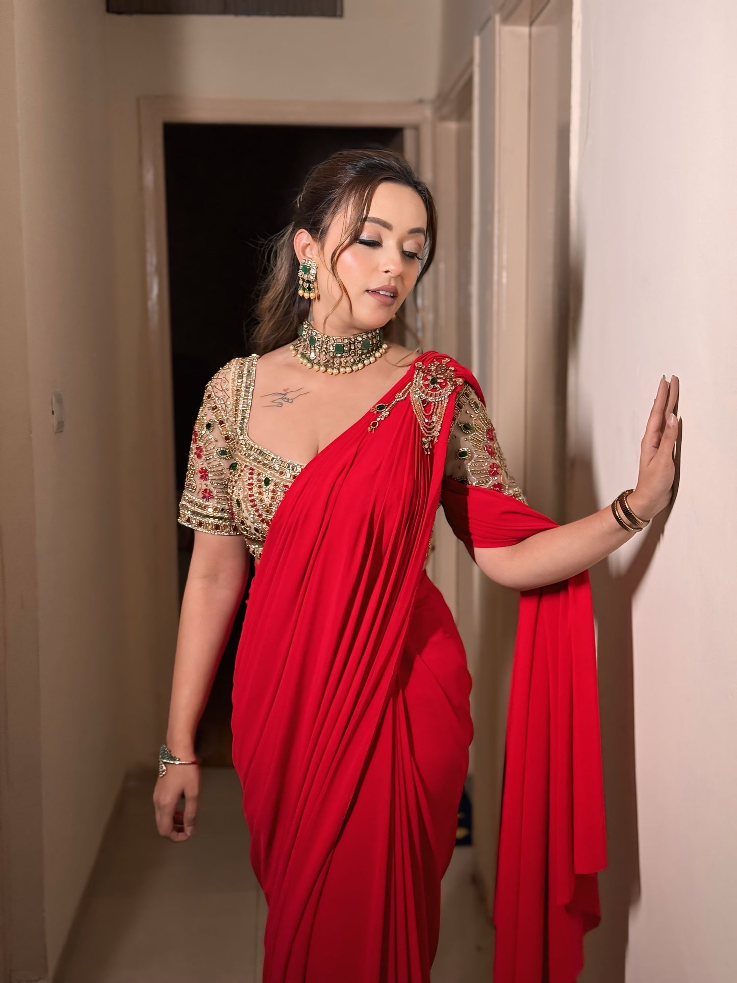 Raha Red Embroidered Drape Saree