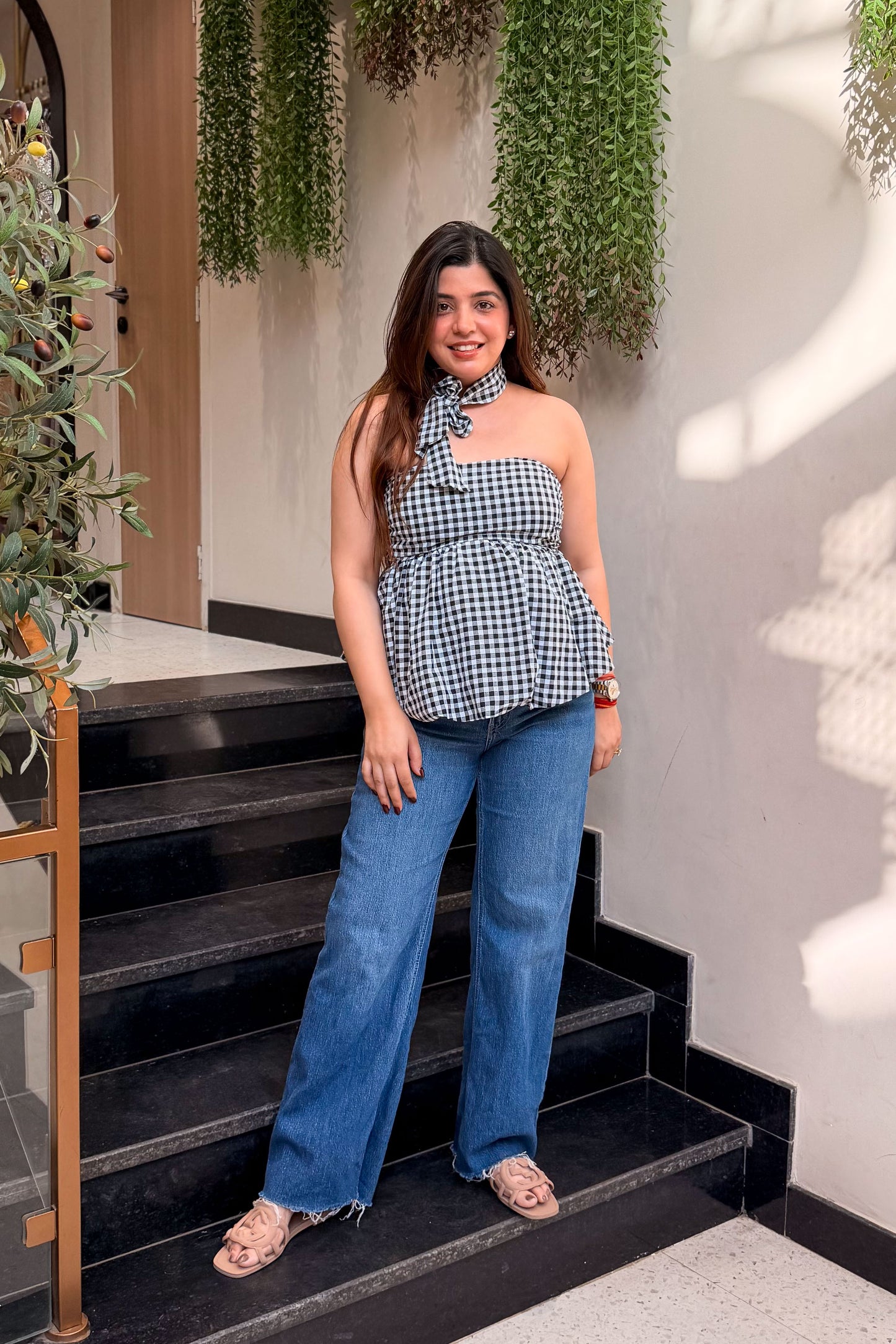 Vesper Retro Checkered Peplum Top
