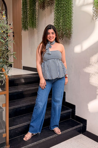 Vesper Retro Checkered Peplum Top