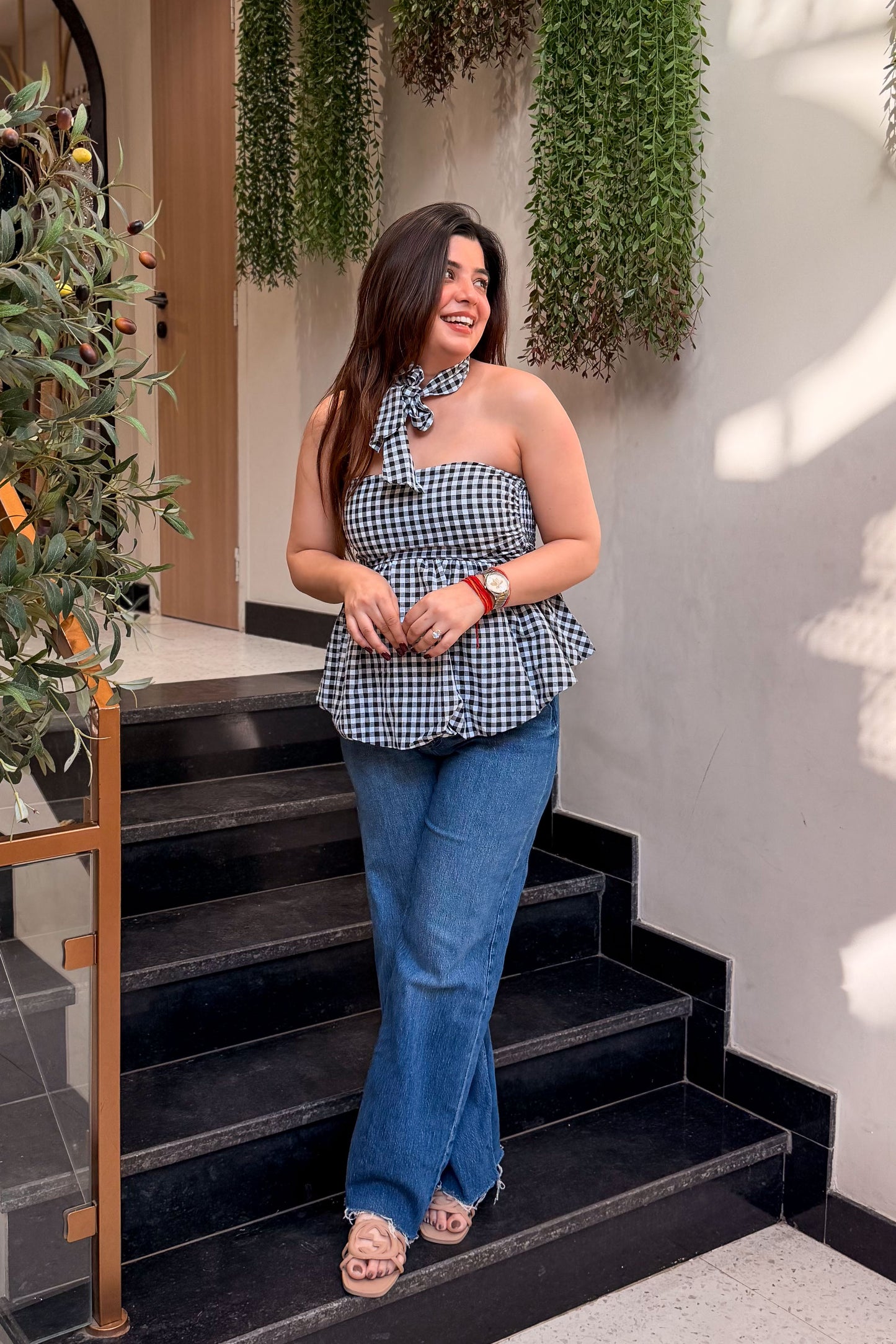 Vesper Retro Checkered Peplum Top