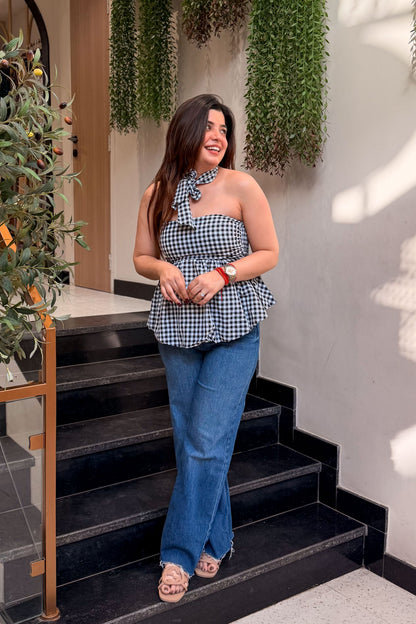 Vesper Retro Checkered Peplum Top