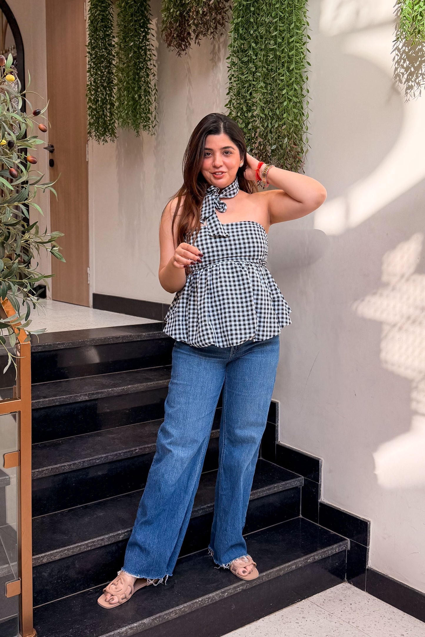 Vesper Retro Checkered Peplum Top