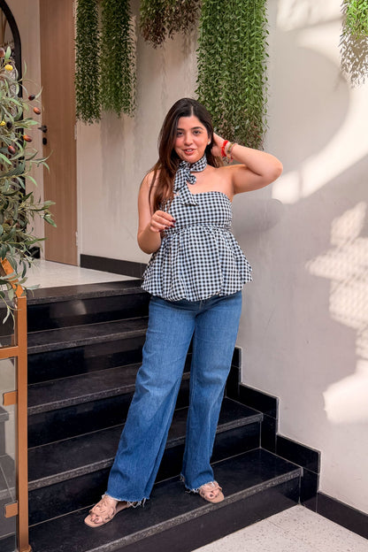 Vesper Retro Checkered Peplum Top