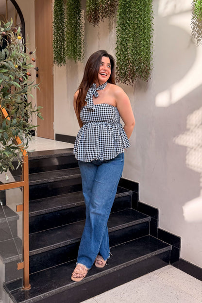 Vesper Retro Checkered Peplum Top
