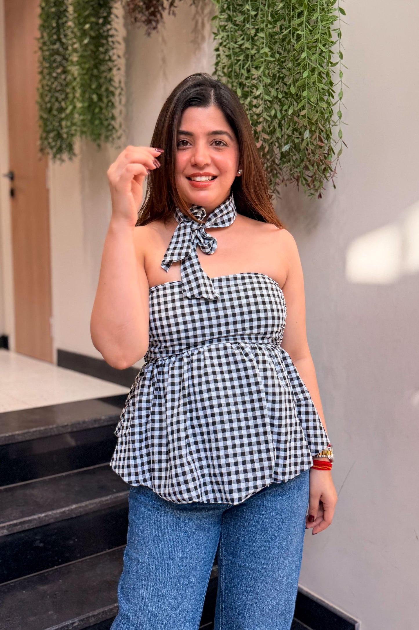 Vesper Retro Checkered Peplum Top