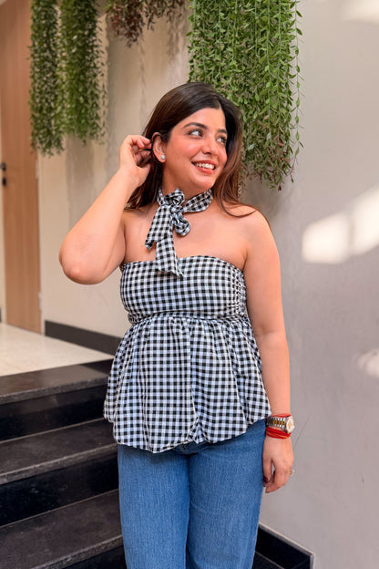 Vesper Retro Checkered Peplum Top