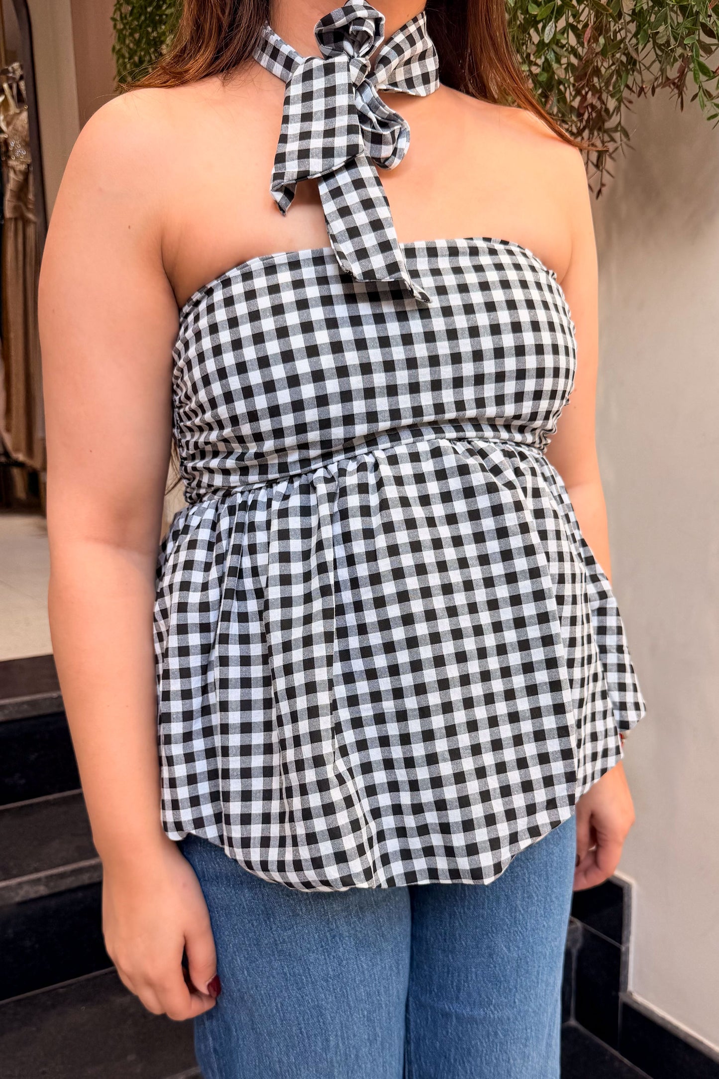 Vesper Retro Checkered Peplum Top