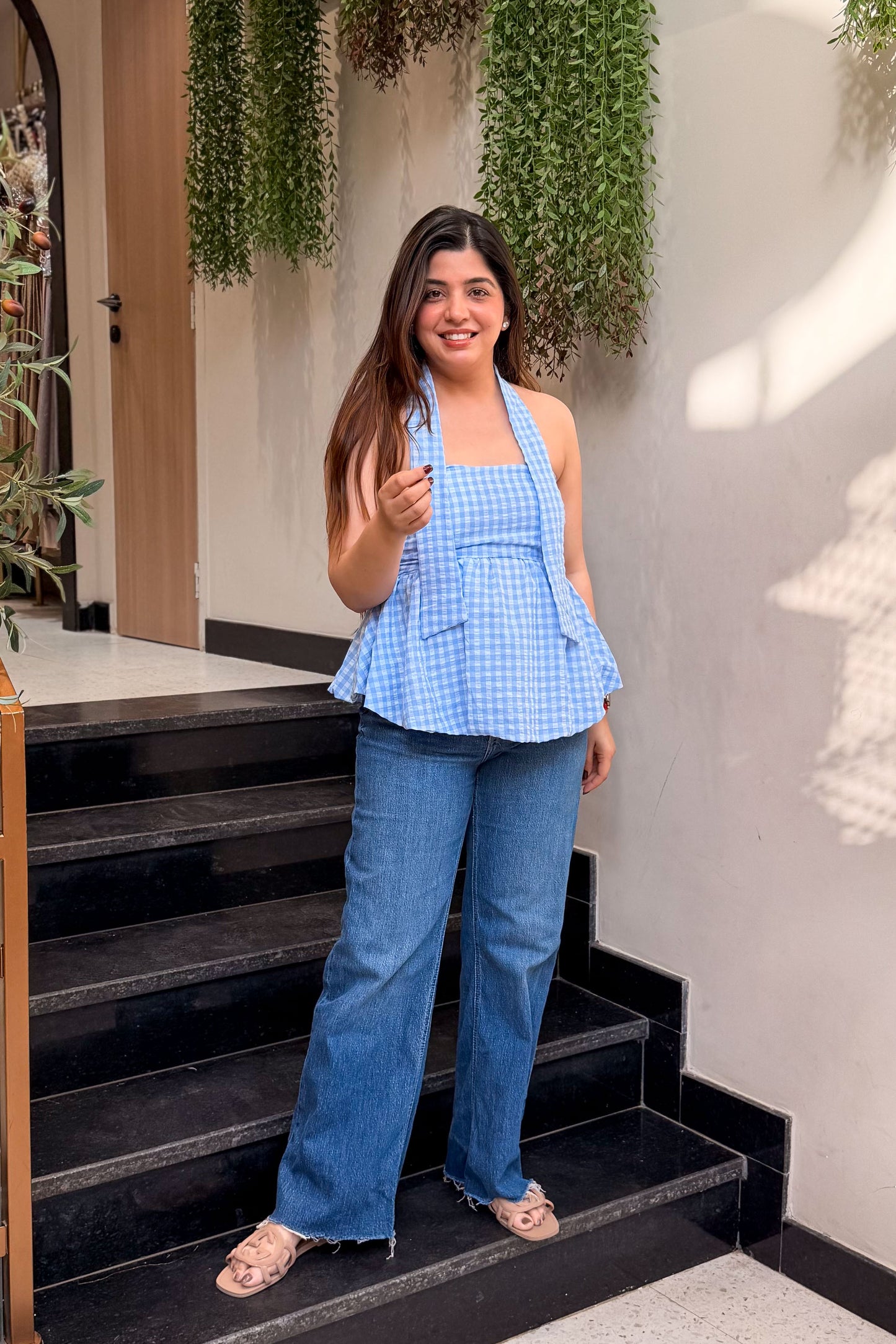 Vesper Retro Checkered Peplum Top