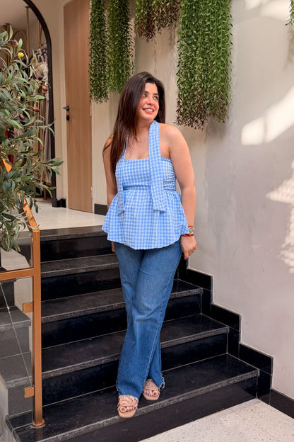Vesper Retro Checkered Peplum Top