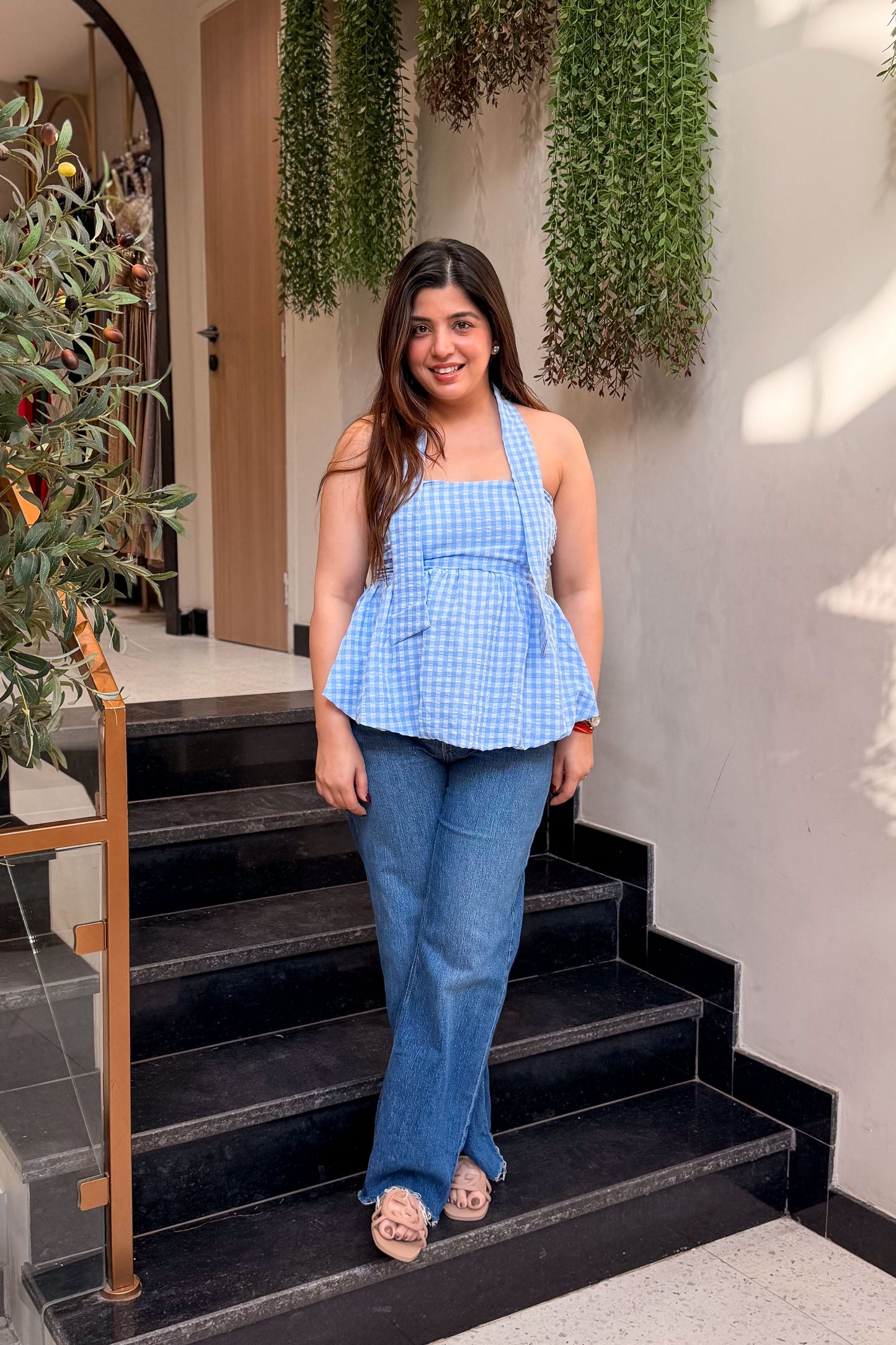 Vesper Retro Checkered Peplum Top