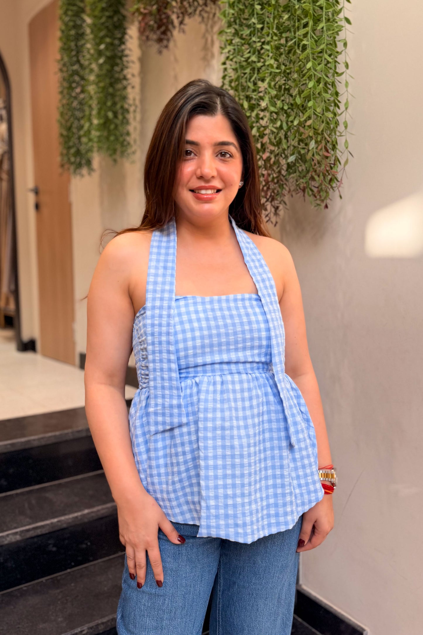 Vesper Retro Checkered Peplum Top