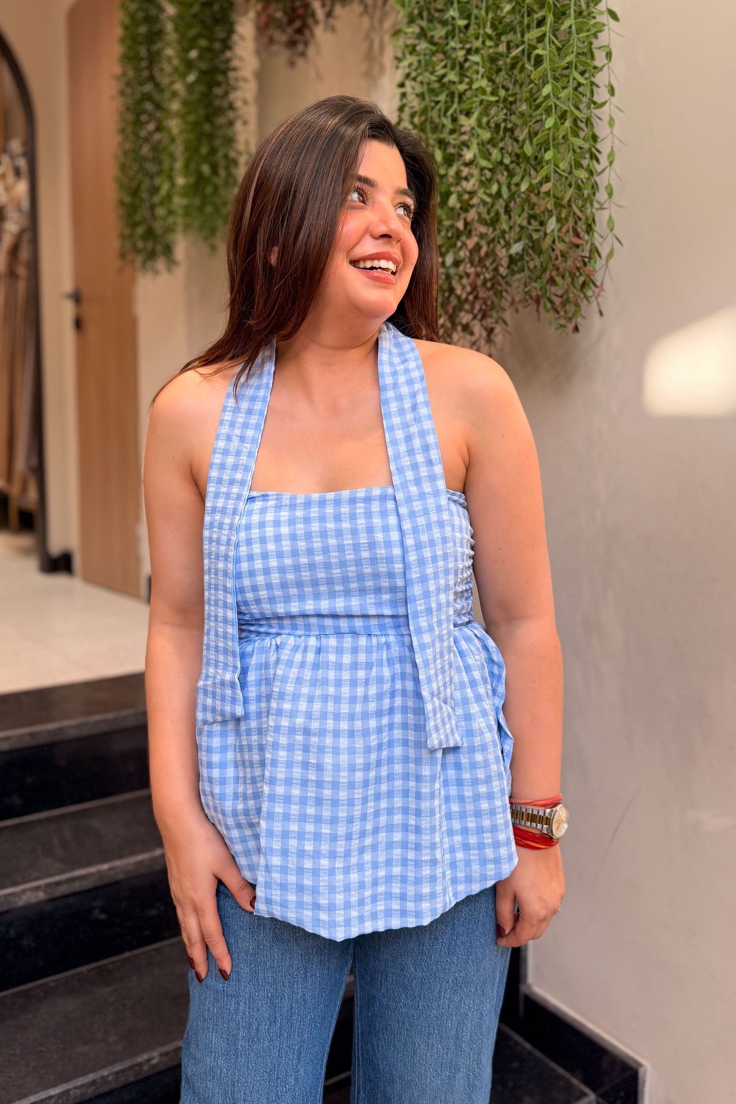 Vesper Retro Checkered Peplum Top