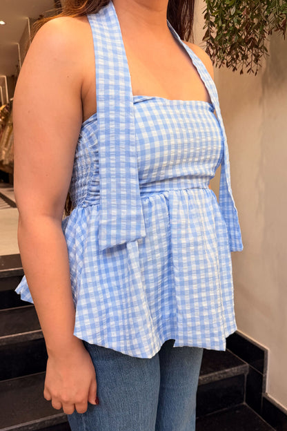 Vesper Retro Checkered Peplum Top