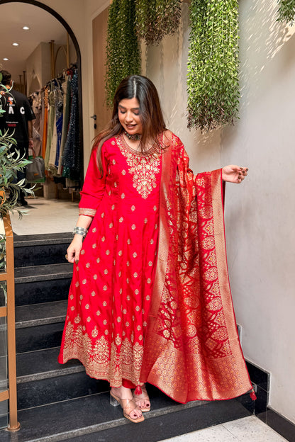Vidhi Embroidered Anarkali Suit with Banarasi Dupatta