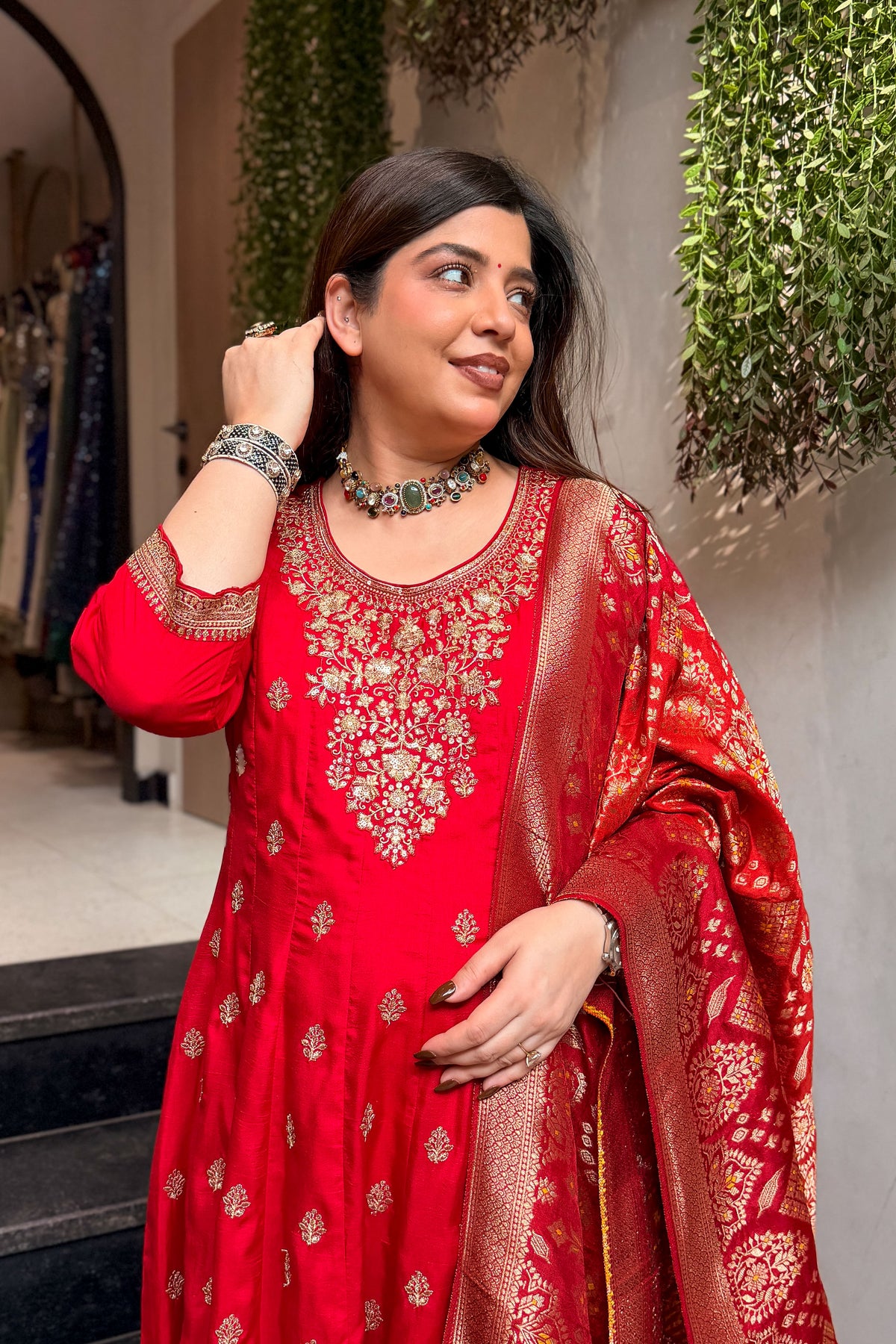 Vidhi Embroidered Anarkali Suit with Banarasi Dupatta