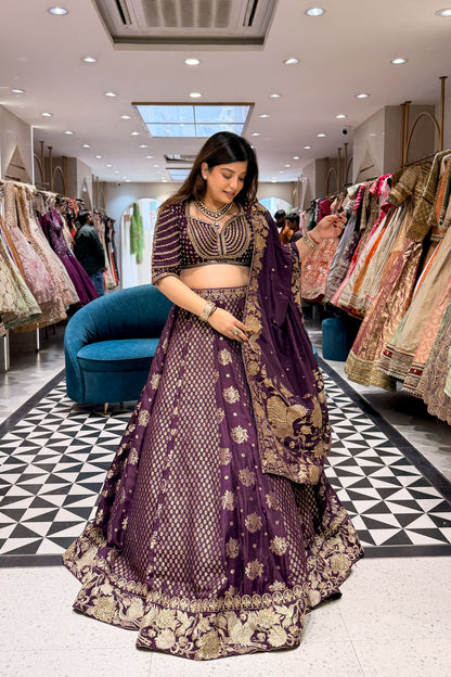 Rudra Purple Embroidered Silk Lehenga