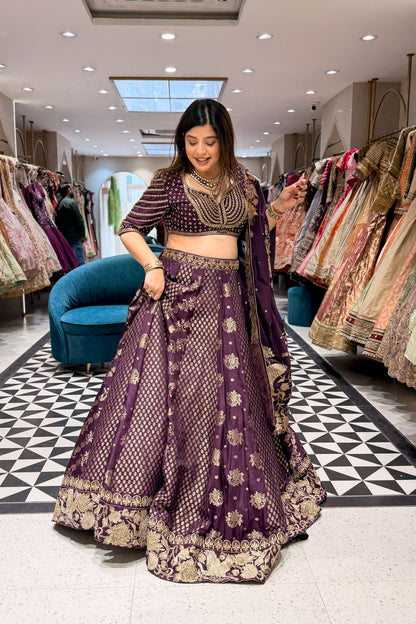 Rudra Purple Embroidered Silk Lehenga
