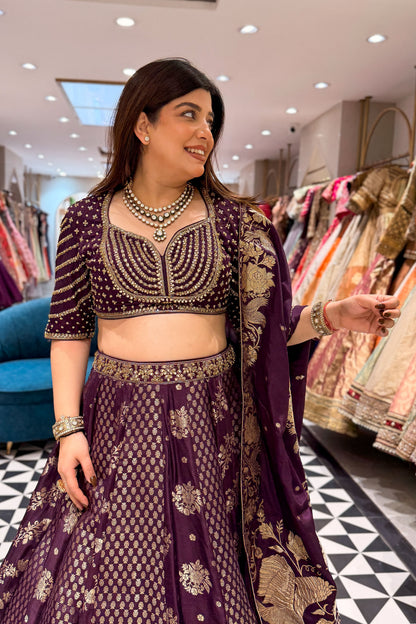 Rudra Purple Embroidered Silk Lehenga