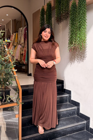 Mabel Sheer Neck Ruched Dress