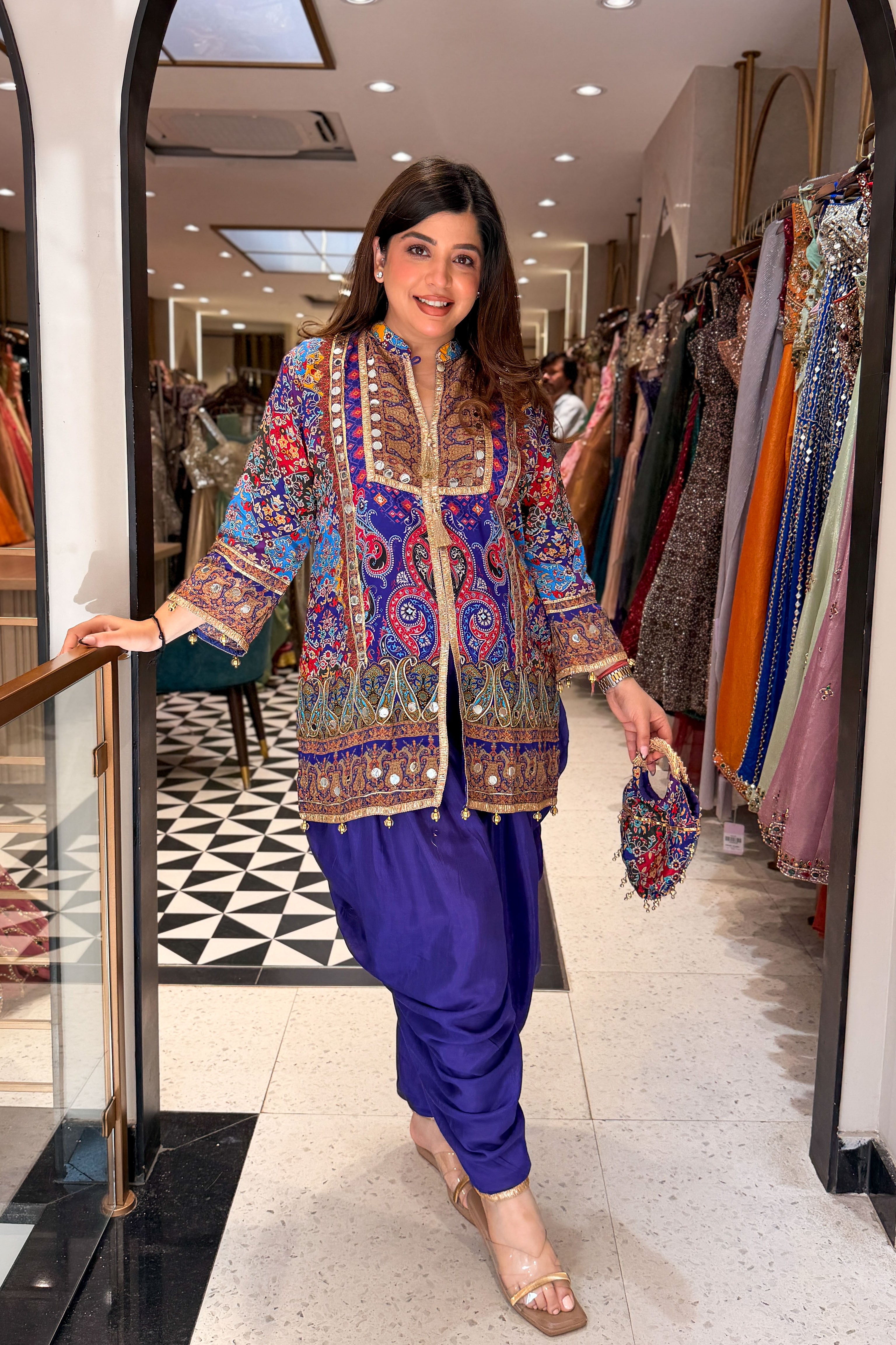 Virna Printed & Embroidered Co ord Set with Bag