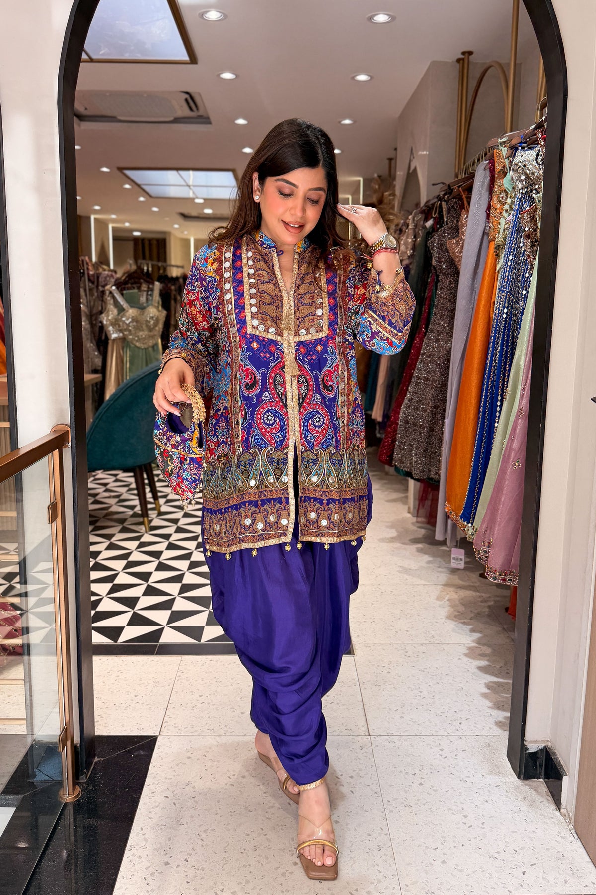 Virna Printed & Embroidered Co ord Set with Bag