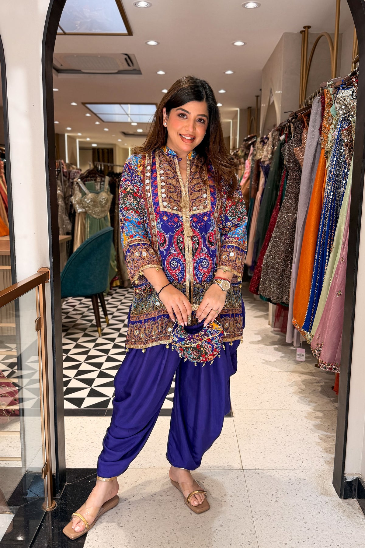 Virna Printed & Embroidered Co ord Set with Bag